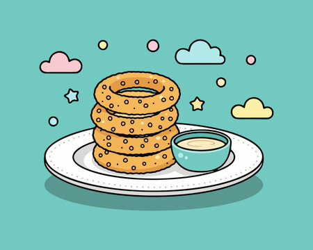 Stylish flat vector illustration of onion rings on a plate food isolated on clean background with modern and appetizing composition. Great for food posters, menus, branding, and digital design assets.