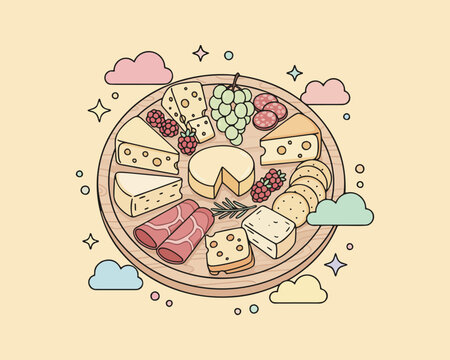 Stylish flat vector illustration of charcuterie plate with cheese food isolated on clean background with modern and appetizing composition. Great for food posters, menus, branding, and digital design 