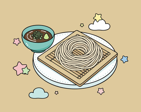 Stylish flat vector illustration of soba noodles on a tray food isolated on clean background with modern and appetizing composition. Great for food posters, menus, branding, and digital design assets.
