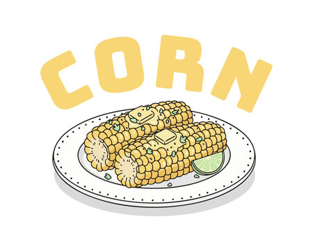 Stylish flat vector illustration of grilled corn on a plate food isolated on clean background with modern and appetizing composition. Great for food posters, menus, branding, and digital design assets