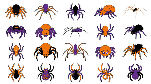 Colorful cartoon spider illustrations in orange, black, and purple styles