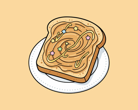 Stylish flat vector illustration of peanut butter toast on a plate food isolated on clean background with modern and appetizing composition. Great for food posters, menus, branding, and digital design