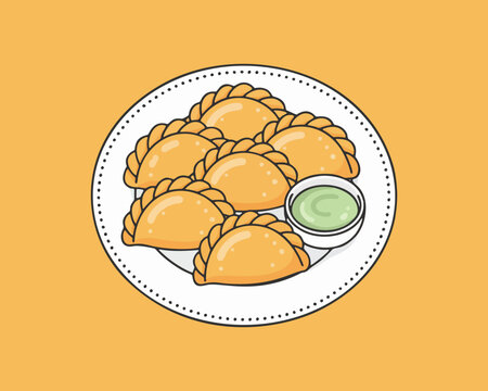Stylish flat vector illustration of curry puff pastries on a plate food isolated on clean background with modern and appetizing composition. Great for food posters, menus, branding, and digital design