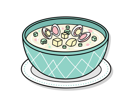 Stylish flat vector illustration of clam chowder in a bowl food isolated on clean background with modern and appetizing composition. Great for food posters, menus, branding, and digital design assets.