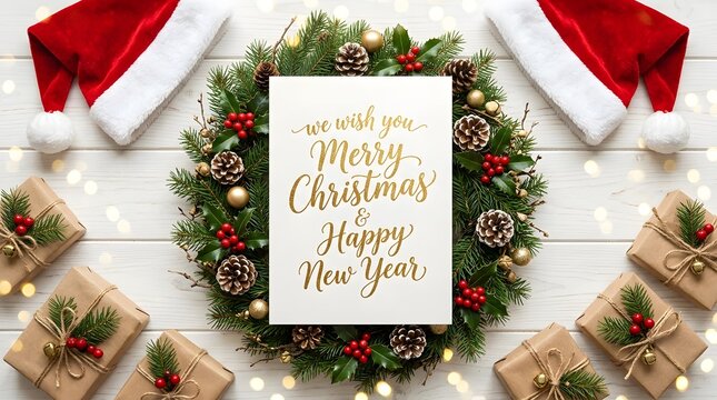 Merry christmas and happy new year greeting card with festive pine wreath and gift boxes on wood