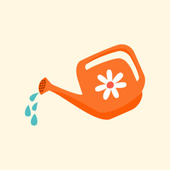 Orange Watering Can and Water Drop Flat Illustration for Gardening © Firda Ely