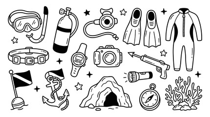 Obraz premium Diving equipment doodle set, including snorkel mask, scuba tank, fins, wetsuit, camera, speargun, compass, and coral, perfect for adventure or travel