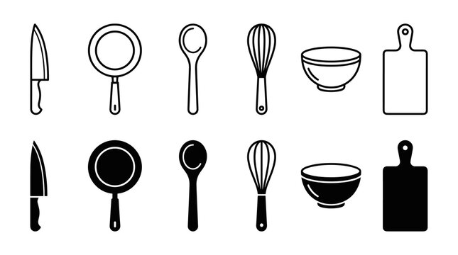 Collection of simple kitchen utensil outlines and filled icons, including knife, frying pan, spoon, whisk, bowl, and cutting board, presented in two