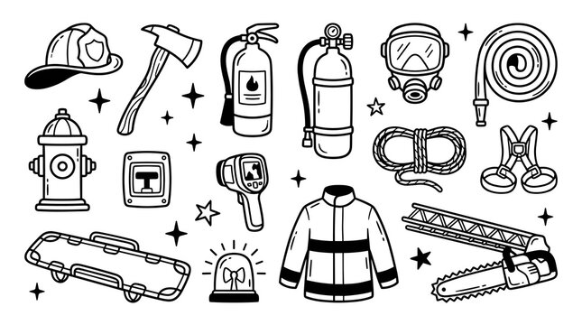 Set of firefighter equipment and tools in a doodle style, including helmet, axe, fire hydrant, extinguisher, mask, hose, thermal camera, and safety