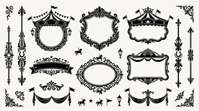 Collection of vintage ornate decorative frames and borders, circus tent elements, and corner ornaments in black and white, ideal for graphic design