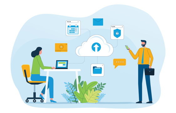 flat vector illustration of a business team using cloud computing technology for online collaboration working. with cloud services cloud storage and remote work concept
