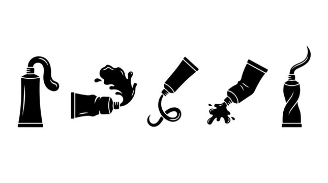 Paint or toothpaste tube icons illustration featuring various squeezing and dispensing styles representing creativity, texture, and expressive motion design
