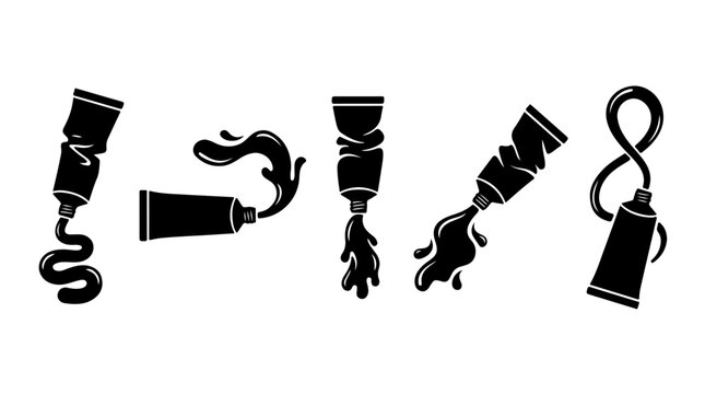 Paint or toothpaste tube icons illustration featuring various squeezing and dispensing styles representing creativity, texture, and expressive motion design