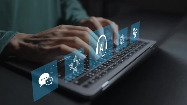 Customer service support powered by artificial intelligence. Person using laptop with AI chatbot and customer support icons, automated assistance, intelligent service and enhanced customer experience