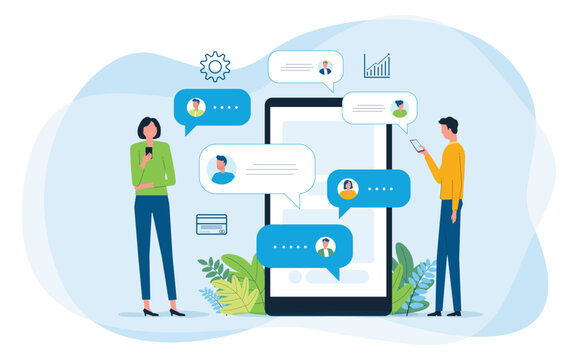 Flat Vector Illustration Business Team Communicating and working Through Mobile Messaging Application. team collaboration, with business chat mobile technology  remote teamwork  and digital workplace 