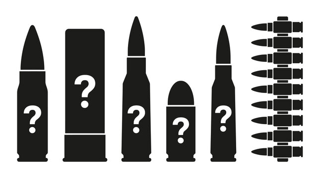 Set of various ammunition icons with question marks, representing unknown caliber or military weaponry types, graphic vector illustration