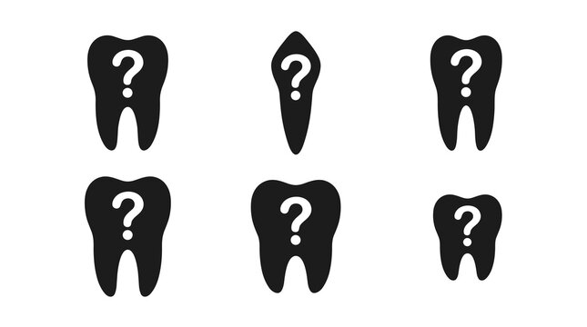 Set of isolated black tooth shapes with question marks, dental health uncertainty or problem, missing teeth icon, oral care symbol