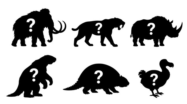 Extinct animal silhouettes with question marks, an illustration depicting ancient species and prehistoric creatures, ideal for educational content