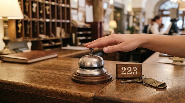 Female hand resting gently on a classic shiny silver hotel reception service bell placed upon a polished wooden counter near a room key for guest checkin