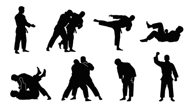 Collection of martial arts silhouettes demonstrating judo and karate combat, dynamic poses and fighting techniques, isolated on white