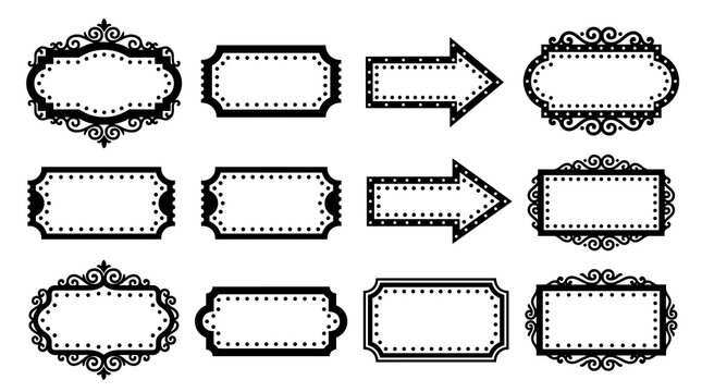 Collection of vintage decorative frames and ornate borders, retro label shapes, and arrow elements, graphic design assets