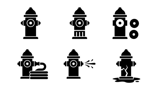 Fire hydrant icons illustration featuring various conditions and uses representing firefighting, water supply, maintenance, and emergency safety concepts