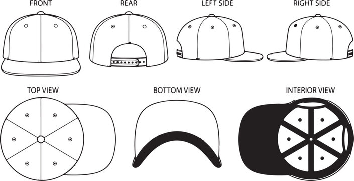 Modern Snapback Cap Tech Pack Vector Template with Technical Fashion CAD Flat Mockup Multi View Apparel Illustration