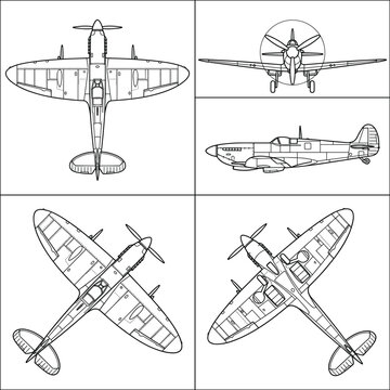 Supermarine Spitfire Fighter Airplane Technical Sketch Vector Blueprint Set with Top Front Side and Isometric Views for Aviation Military Design