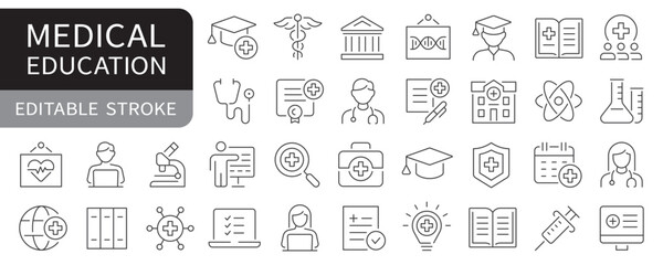 Naklejka na ściany i meble Medical education simple line icons set. vector, editable stroke 