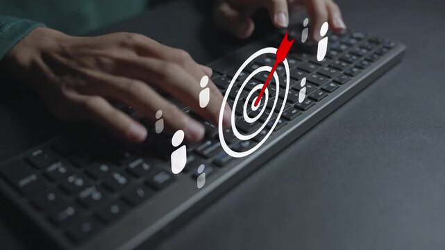 Customer focus group concept. Person typing keyboard with customer research and audience analysis icons, consumer insights, market research and business strategy.