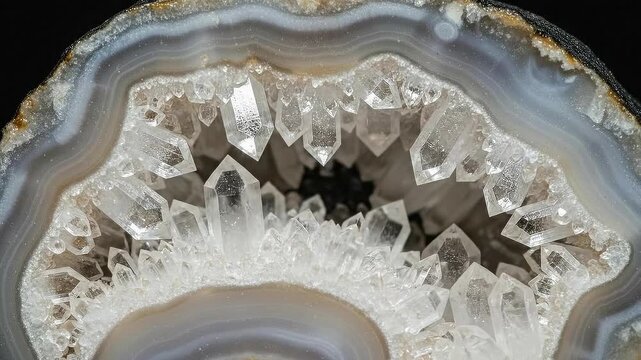 Timelapse of tiny quartz crystals growing and expanding in a natural cavity for educational purposes