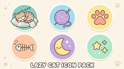 Fototapeta premium Cute cartoon sleeping cat icon set with yarn paw fish bone and moon symbols on pastel background with presents kawaii style paw print icon pack