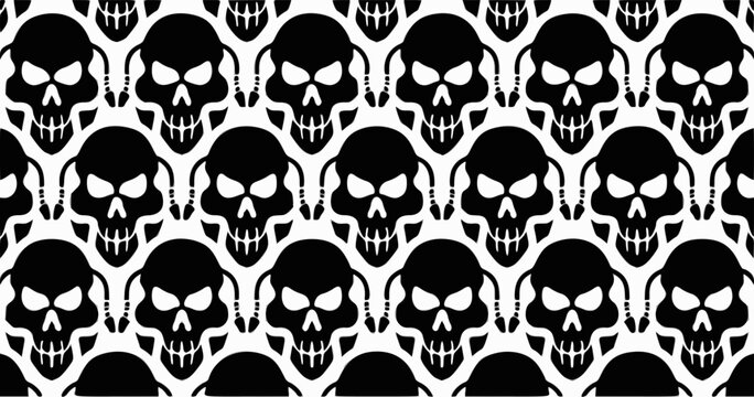 Seamless skull pattern in black and white, repeating gothic skull background, Halloween decorative vector illustration