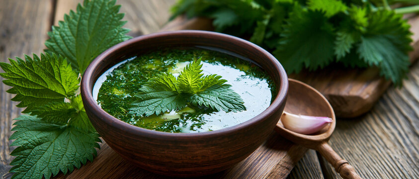 Fresh nettle soup in a bowl surrounded by nettle leaves  