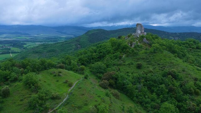 Aerial drone view of the ruins of Guevara Castle near the village of Guevara. Llanada Alavesa region. &Aacute;lava. Basque Country. Spain. Europe