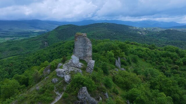 Aerial drone view of the ruins of Guevara Castle near the village of Guevara. Llanada Alavesa region. &Aacute;lava. Basque Country. Spain. Europe