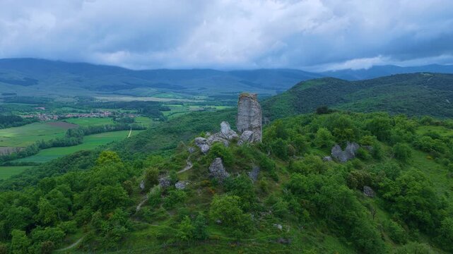 Aerial drone view of the ruins of Guevara Castle near the village of Guevara. Llanada Alavesa region. &Aacute;lava. Basque Country. Spain. Europe