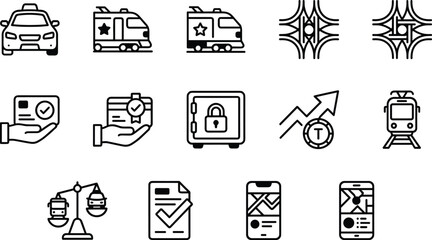 Fototapeta premium Public transport regulation secure transit payment ticket verification route navigation and transport economics line icons set