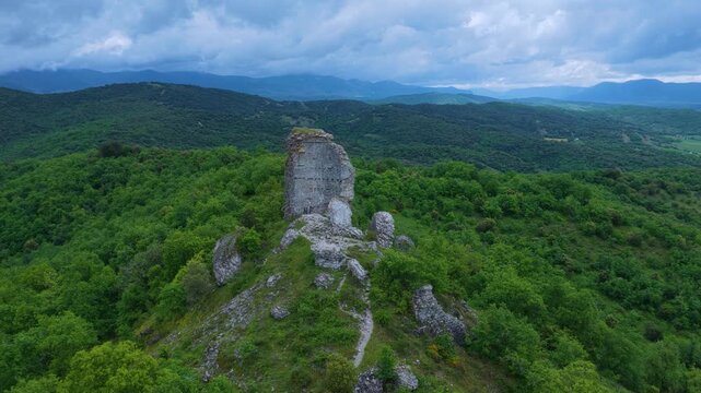 Aerial drone view of the ruins of Guevara Castle near the village of Guevara. Llanada Alavesa region. &Aacute;lava. Basque Country. Spain. Europe