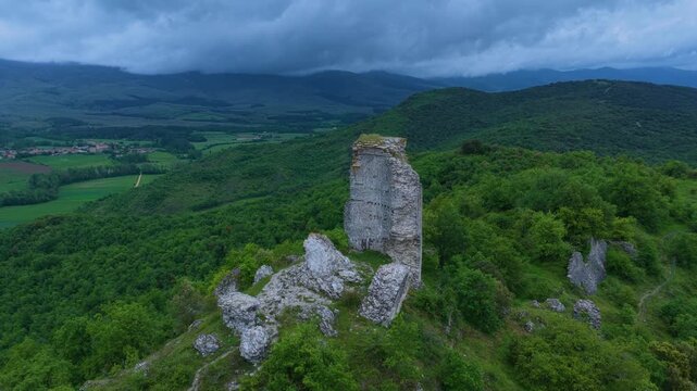 Aerial drone view of the ruins of Guevara Castle near the village of Guevara. Llanada Alavesa region. &Aacute;lava. Basque Country. Spain. Europe