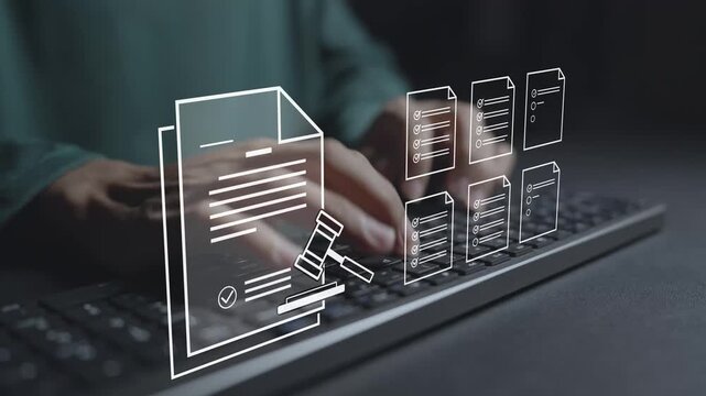 Compliance in business to laws and regulations concept. Person typing keyboard with legal compliance and governance icons, regulatory adherence, risk management and corporate accountability.