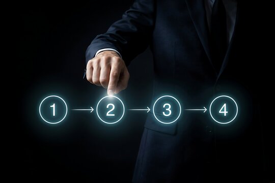 Business professional touching glowing digital step progress bar with stages one to four in dark futuristic setting