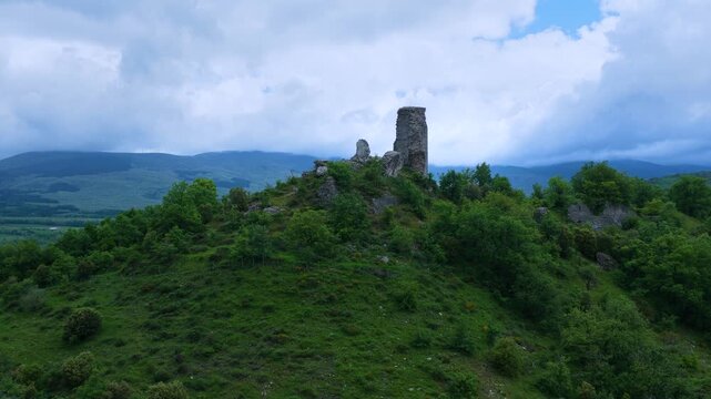 Aerial drone view of the ruins of Guevara Castle near the village of Guevara. Llanada Alavesa region. &Aacute;lava. Basque Country. Spain. Europe