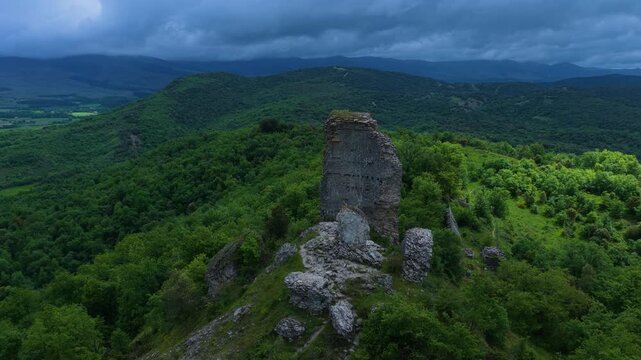 Aerial drone view of the ruins of Guevara Castle near the village of Guevara. Llanada Alavesa region. &Aacute;lava. Basque Country. Spain. Europe