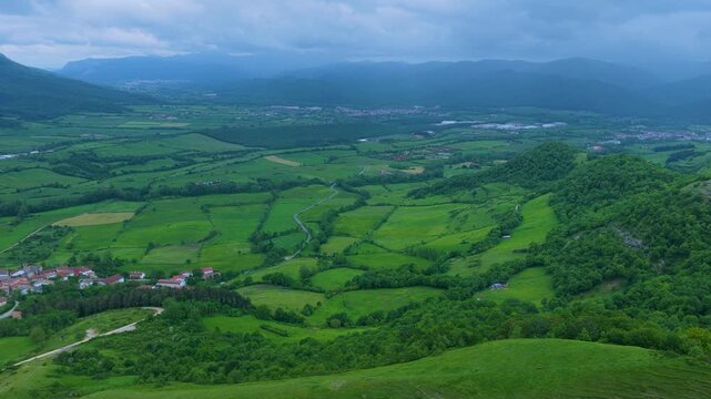 Aerial drone view of the spring landscape around the Lizarraga and San Donato mountain passes in the Sierra de Urbasa Natural Park. Navarre, Spain. Europe