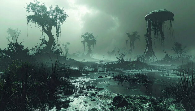 Misty alien swamp landscape: eerie bioluminescent scene