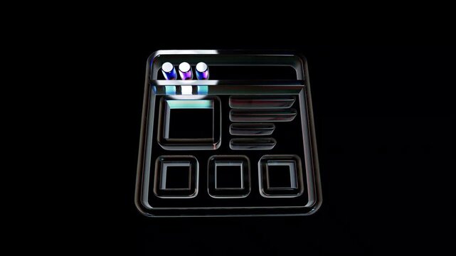 Glossy black glass browser window user interface icon on a dark background 3D Icon