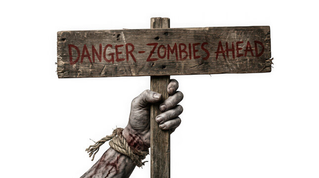 Halloween png zombie hand holding danger sign on isolated on transparent background