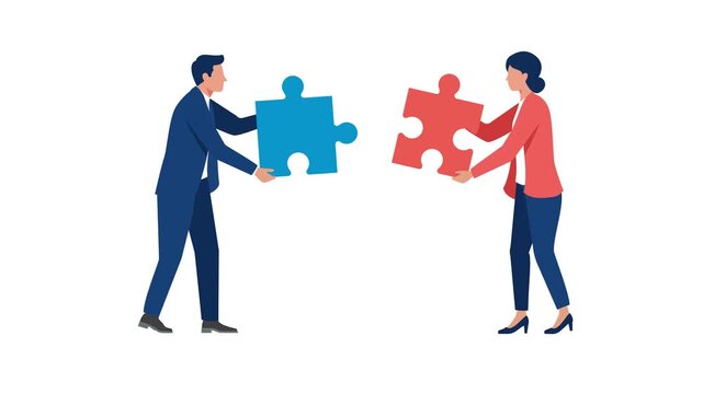 Business man and woman corporate professionals connecting two puzzle pieces together. Concept of teamwork, collaboration, synergy, partnership, and problem solving. Flat vector design animation.