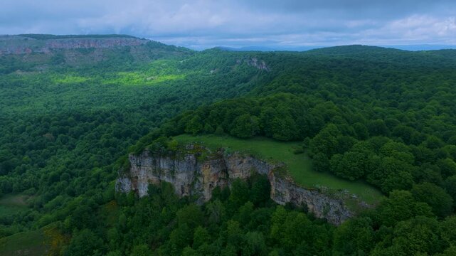 Aerial drone view of the spring landscape of beech forests in the Sierra de Entzia. &Aacute;lava. Basque Country. Spain. Europe